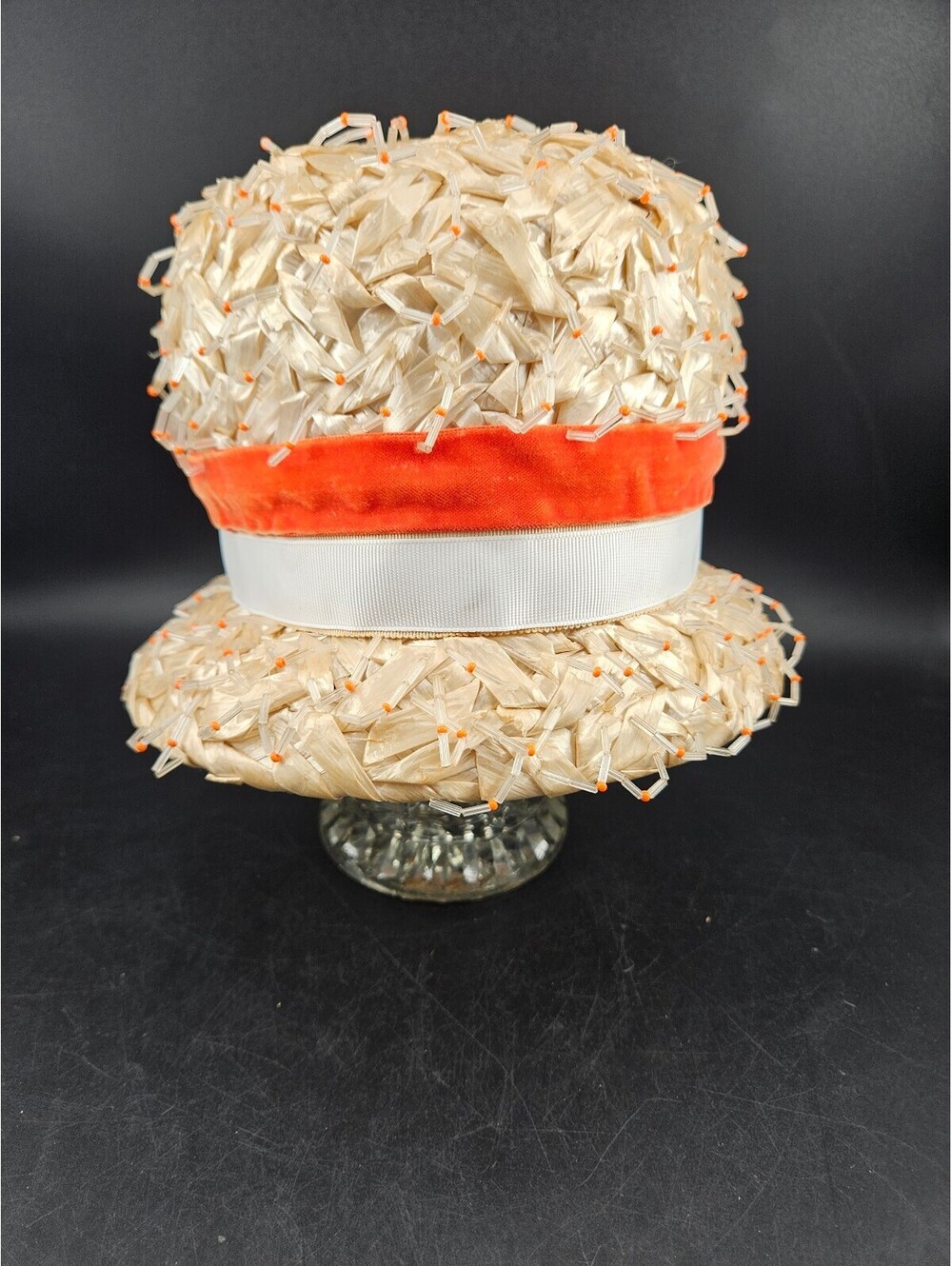 Vintage 1950s Marché Exclusive Straw Pillbox Hat Size 22 Orange White Bow